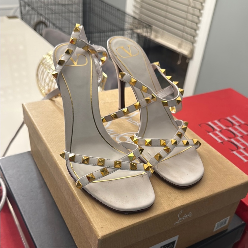 Valentino Gold and White Strappy Heels